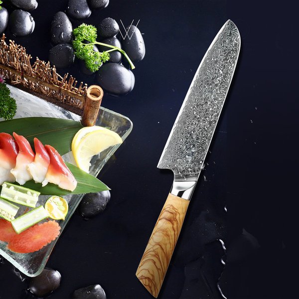 Santoku-Messer Damaststahl Premium Olivenholz