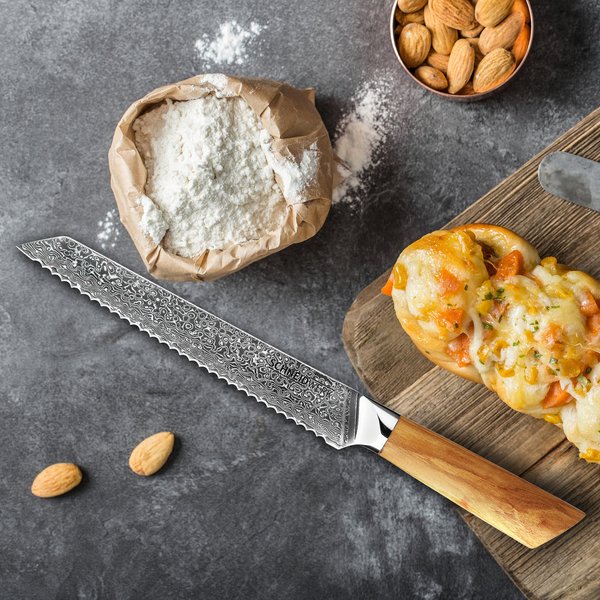 Brot-Messer Damaststahl Premium Olivenholz