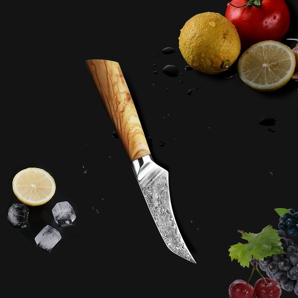 Schäl-Messer Damaststahl Premium Olivenholz